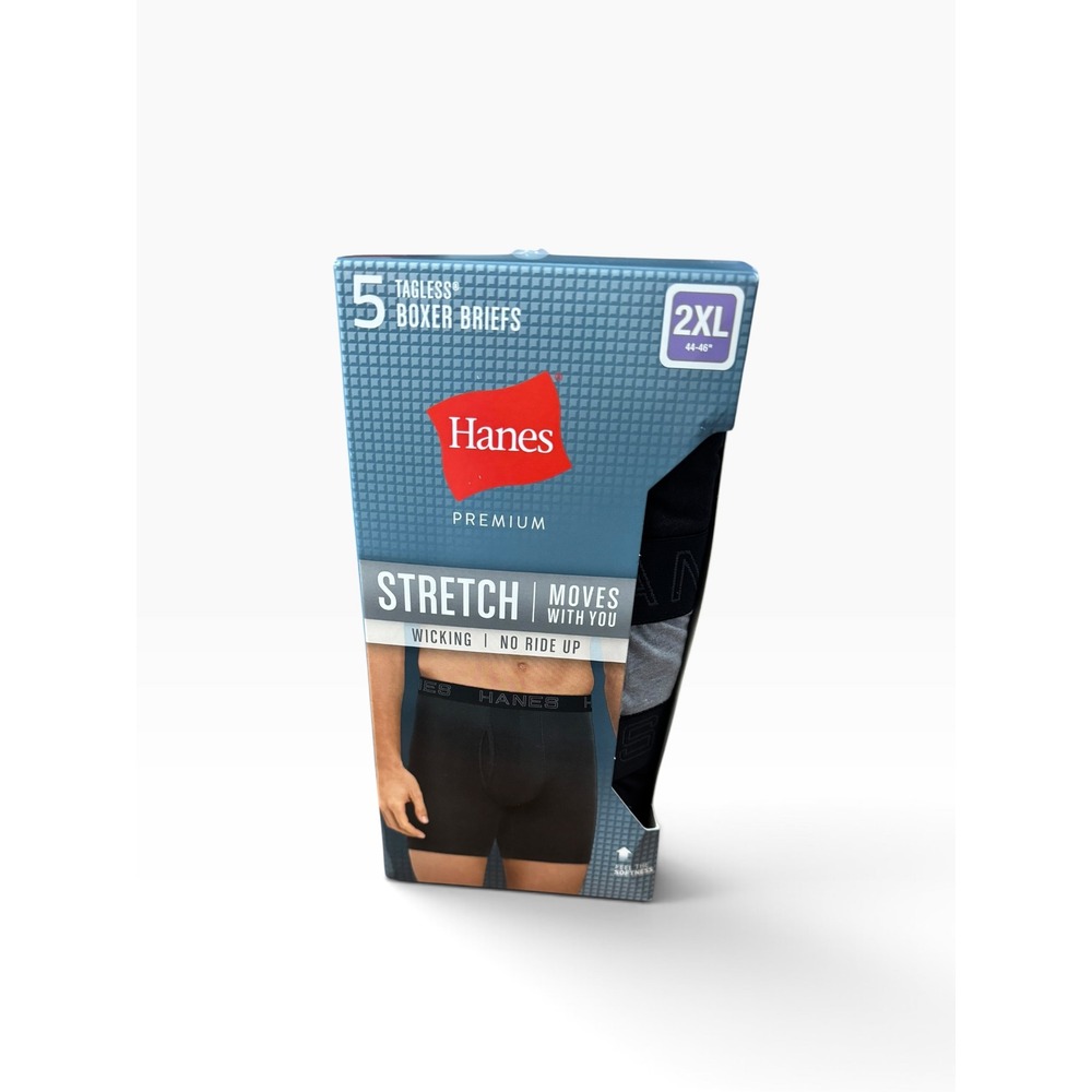 Hanes Premium 5 Pack Men Black Grey Stretch Tagless Boxer Briefs 2XL 44-46